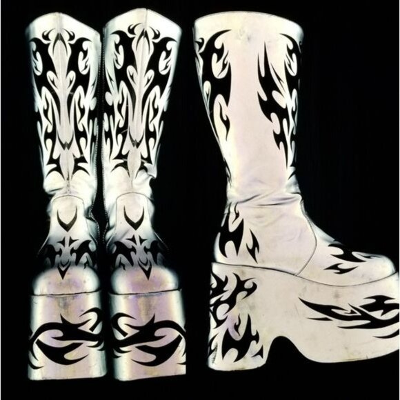 RARE Club Exx Dolls Kill reflective lightning platform rave boots size 10 - Picture 1 of 10